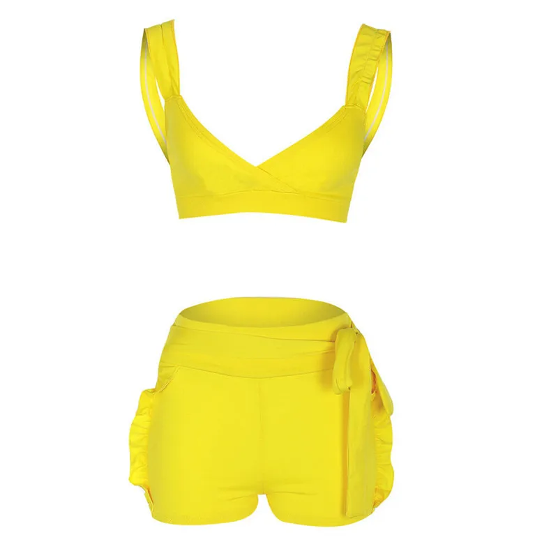 

Summer Sexy Women Sleeveless Set Ladies Stylish Casual Suit Set Yellow Ruffled Short Pants 2pcs Crop Top Shorts Outfits Hot Sale
