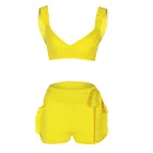 Летний сексуальный женский комплект без рукавов, женские стильные желтые короткие брюки с оборками, комплект из 2 предметов, короткий топ и шорты, Лидер продаж