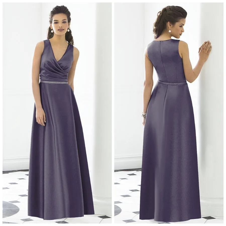 

Exquisite New 2017 Floor-Length Bridesmaid Dresses V-neck Sleeveless Pleated Zipper back Prom Prom Gowns Satin Dress WE009