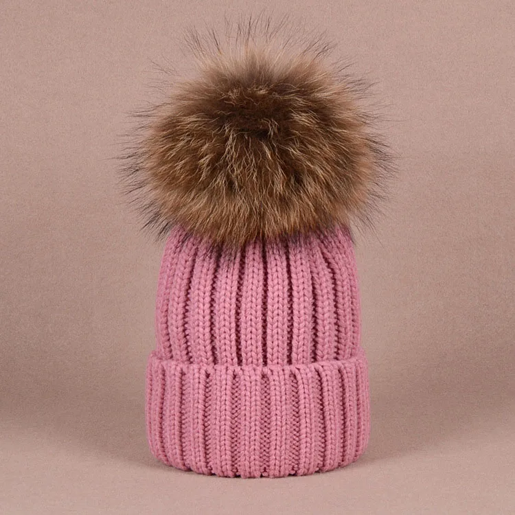 Doitbest Beanies для родителей и ребенка, Женский енот, настоящий помпон из лисьего меха, зимние шапки для взрослых, женские шерстяные шапки, бренд, женский головной убор из плотной ткани