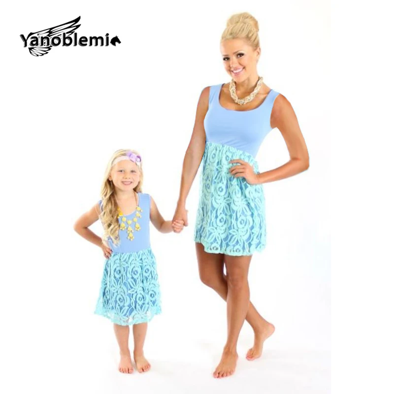 Одинаковая одежда для мамы и дочки летние кружевные платья без рукавов хлопковое однотонное Повседневное