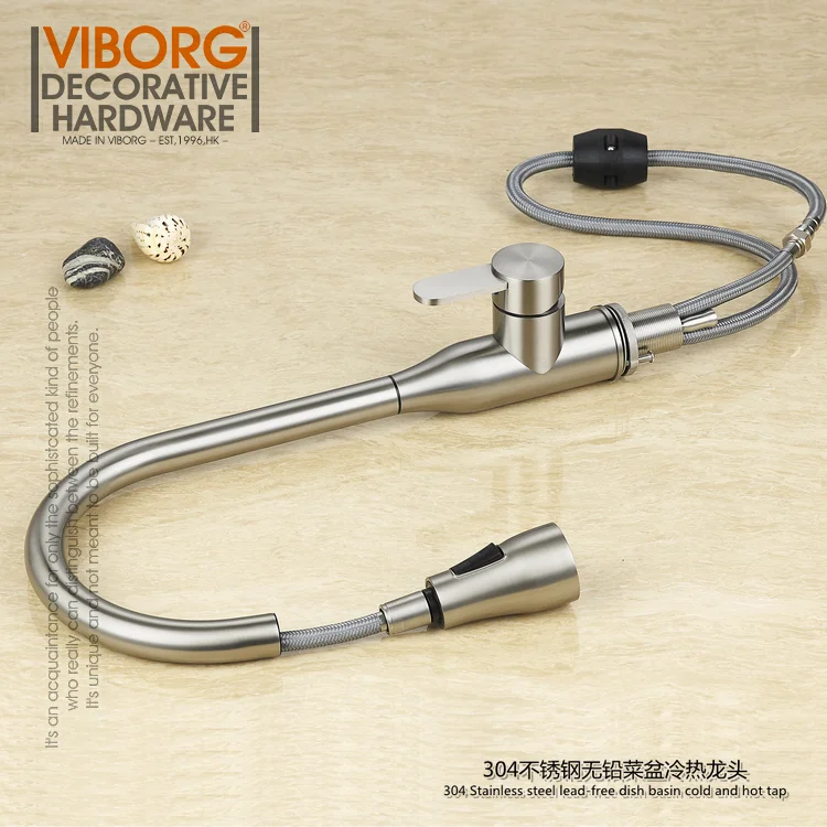 VIBORG Deluxe SUS304 из нержавеющей стали без свинца вытяжной спрей кухонный кран для раковины Смеситель вытяжной нажимной разбрызгиватель кран