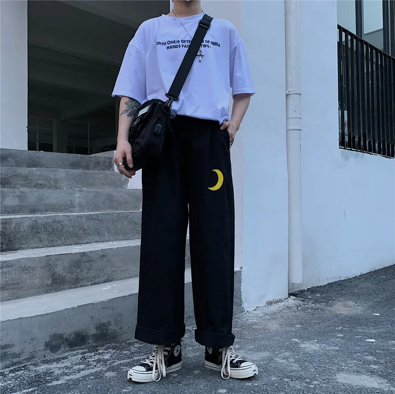 Брюки Харадзюку женские свободные прямые брюки с Луной и вышивкой Осенняя мода