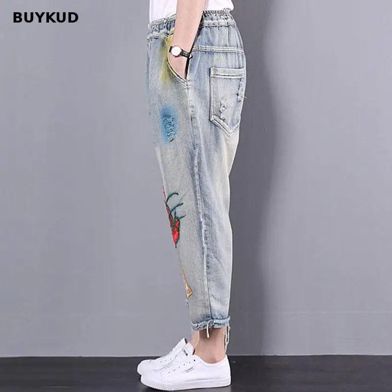 BUYKUD High Waist Ladies Ripped Jeans Women 2018 New Summer Casual Mom Elastic Wasit Denim Pants Cotton Long Trousers |