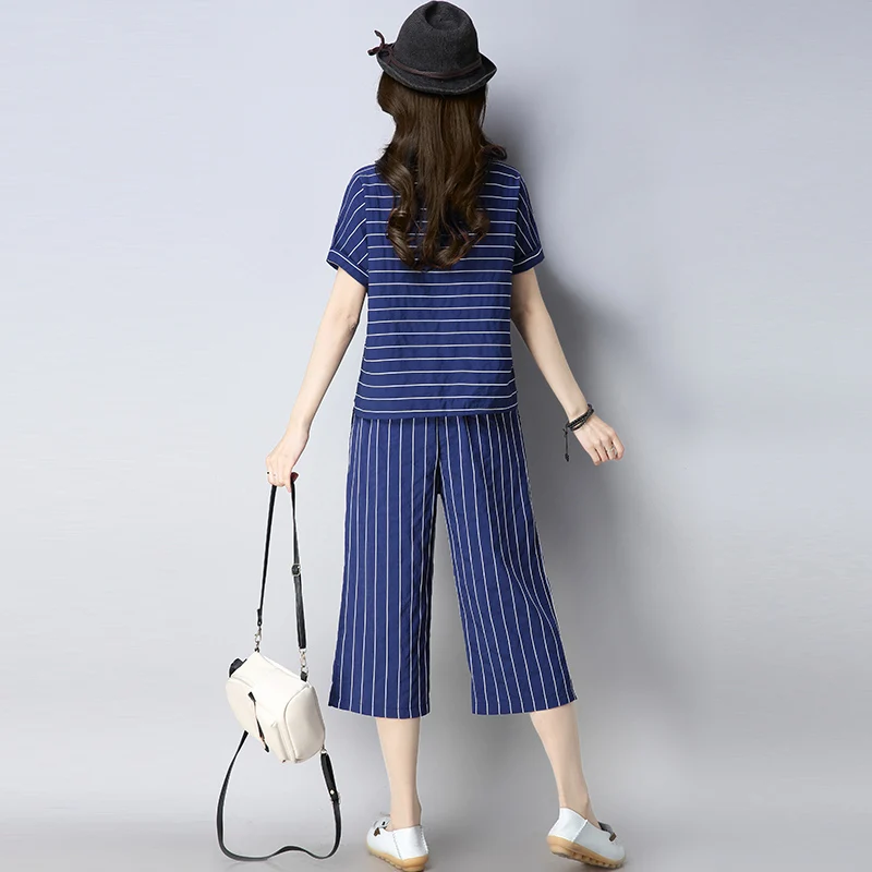 

new summer 2018 lady wear cotton and linen women leisure striped suit loose of short sleeves capris wide-legged pants casual kit
