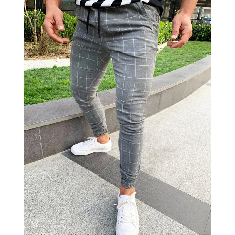 Брюки мужские с завышенной талией облегающие Джоггеры в клетку карманами прямые
