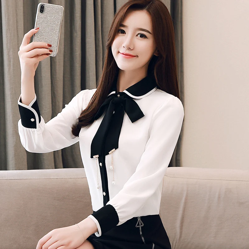 Топы и блузки размера плюс шифоновое платье-рубашка на пуговицах Блузка с бантом