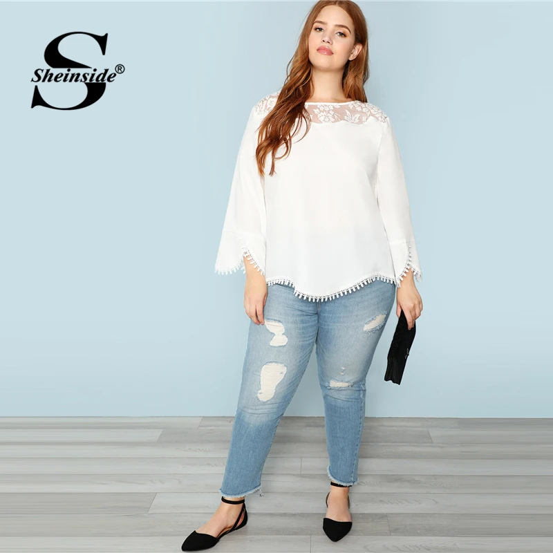 Sheinside, плюс, прозрачные плечи, кружевная отделка, Топ для женщин, весна, одноцветные, три четверти, длина рукава, блузки, элегантный белый топ