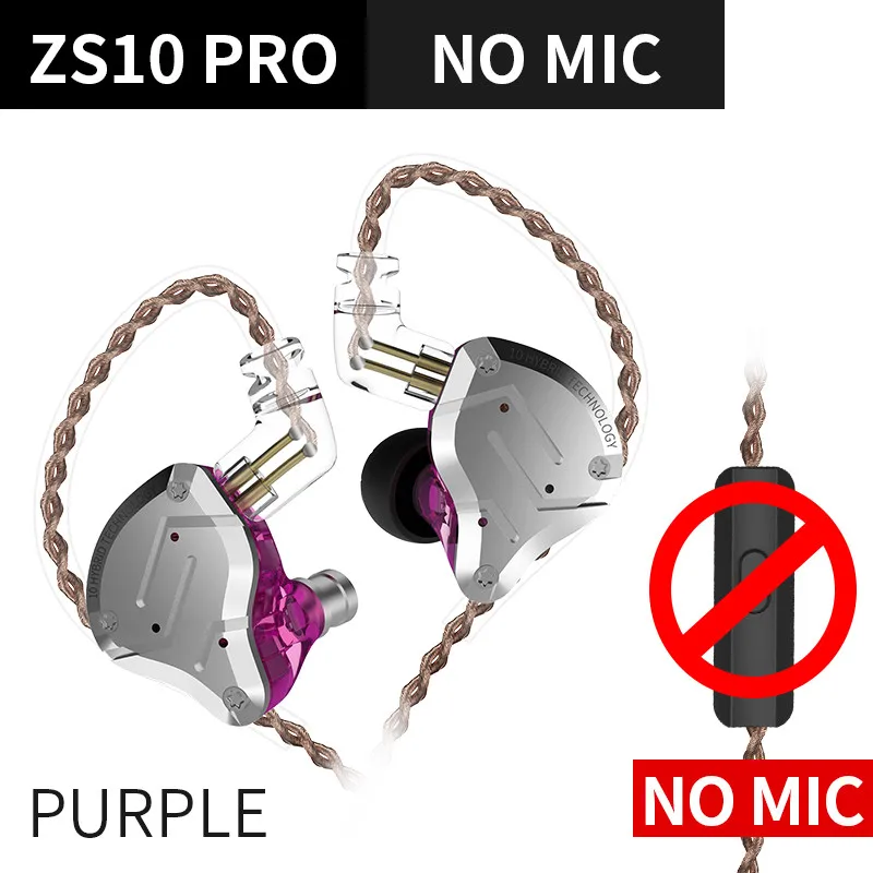 purple no mic Плотным верхним ворсом KZ ZS10 Pro гарнитура 4BA+ 1DD Hybrid HIFI бас наушники в ухо мониторные наушники KZ ZS10 AS10 ZST ZSX C10 C16 - Цвет: purple no mic