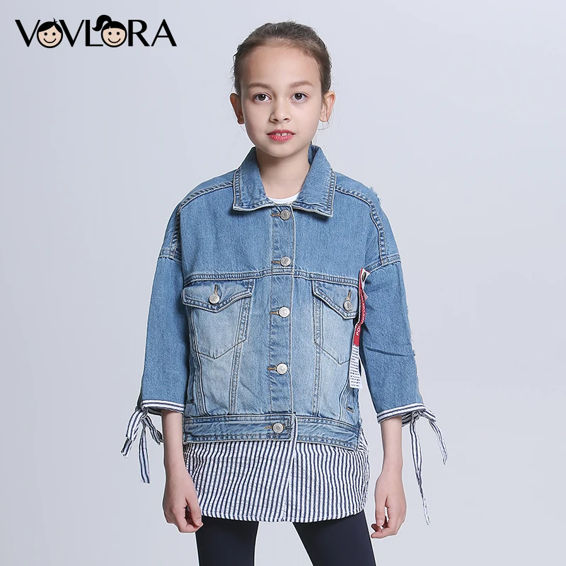 Denim Patchwork Striped Girls Jackets Coats Solid Cotton Long Sleeve Kids Coat Fashion 2018 Clothes Size 9 10 11 12 13 14 Years | Детская
