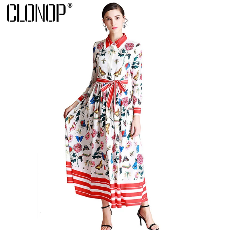 Clonop 2018 Новый длинным рукавом Цветочные Макси платье с принтом белые длинные