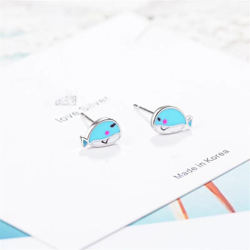 

New Small Fresh Blue Whale Epoxy 925 Sterling Silver Jewelry Personality Fish Beautiful Exquisite Women Stud Earrings SE808