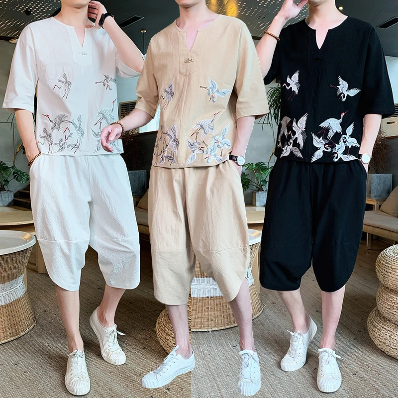 Sinicism Store Мужской комплект повседневный костюм хлопковая льняная футболка