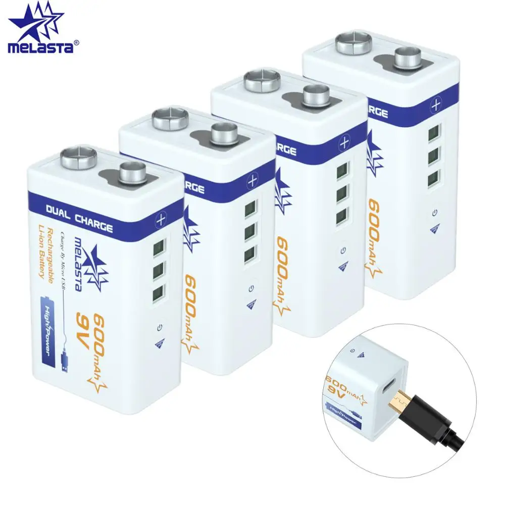 Melasta 4 шт 9V 6F22 USB 600 мАч литий-ионная аккумуляторная батарея для Дымовая пожарная сигнализация беспроводной микрофон гитары EQ домофон мультиметр - Цвет: 4pcs