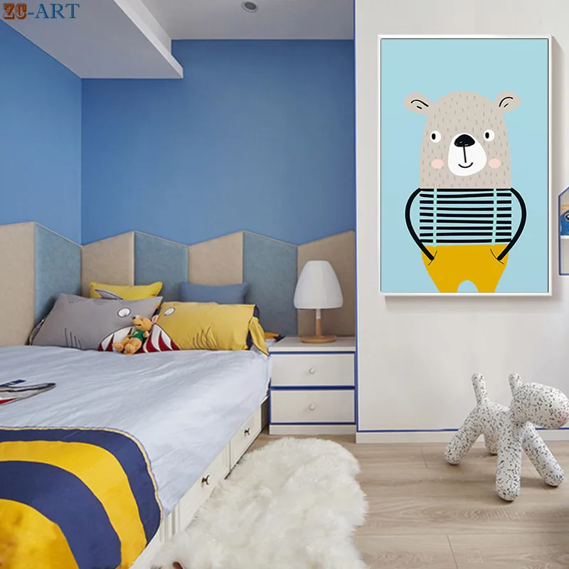 Печатный рисунок зебры медведя постер из мультфильма Картина на холсте синий