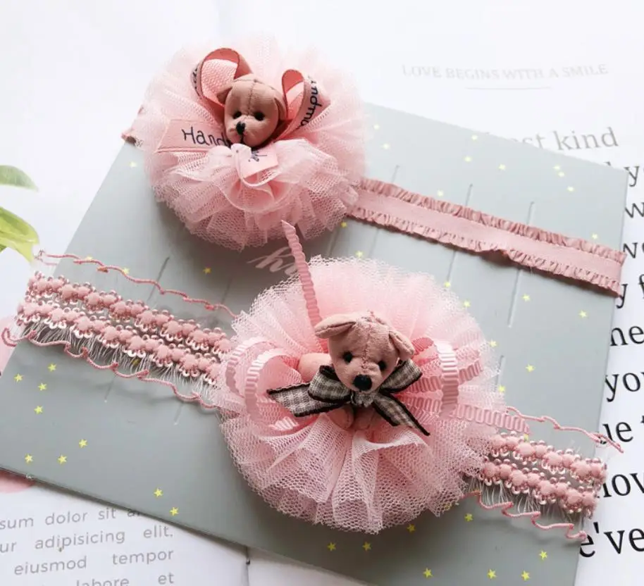 

2019 Newborn Toddlers Chiffon headbands Girls Lovely bear pink headwear strech hair bands kids hair accessories headdress FD32