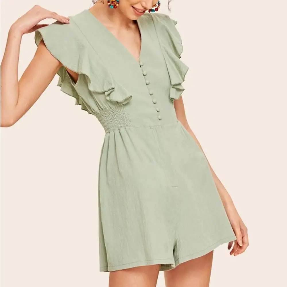 Комбинезоны женские свободные без рукавов с кромкой лотоса однотонные