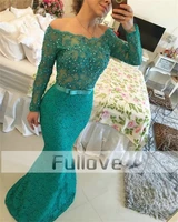 fashion mint green long sleeve lace evening dress 2019 boat neck pearls formal evening dresses party gown vestidos de fiesta