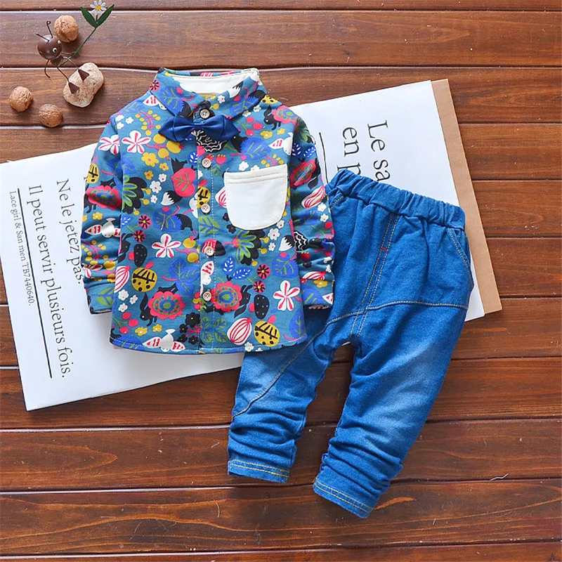 Autumn Kids Clothing Set gentleman Clothes 2 pieces Boys Outfits Sets Children's Fashion Plaid Suit Baby tie tshirt + jeans |