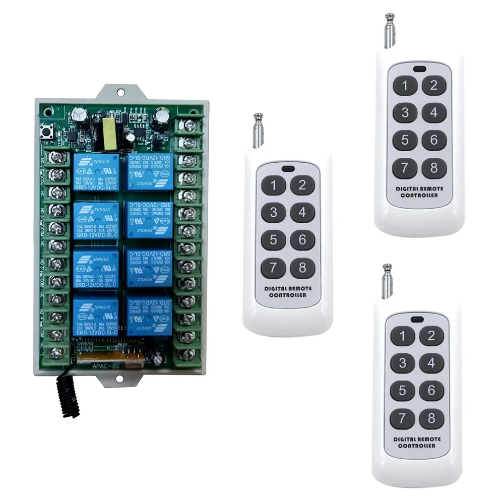 

AC 220V 8 CH Channel 8CH RF Wireless Remote Control LED Light Switch System 10A Relay Receiver + Transmitter, 315 433 MHz