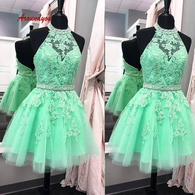 

Mint Green Short Lace Homecoming Dresses Plus Size Mini Semi Formal Graduation Cocktail Prom Party Dresses