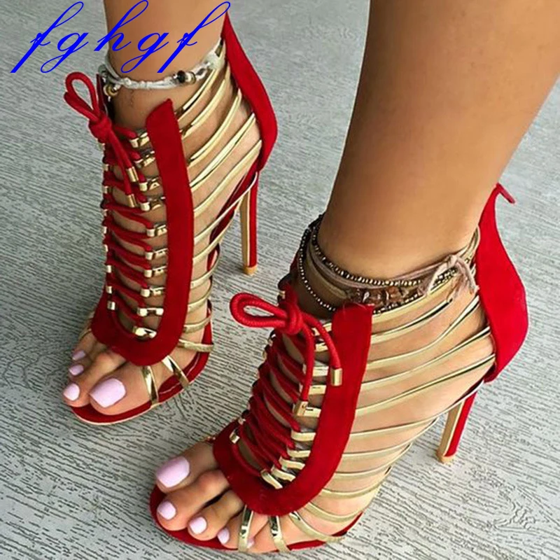 

FGHGF Women's high-heeled sandals, fashionable and sexy 11cm high heels, suede gold ribbon combination