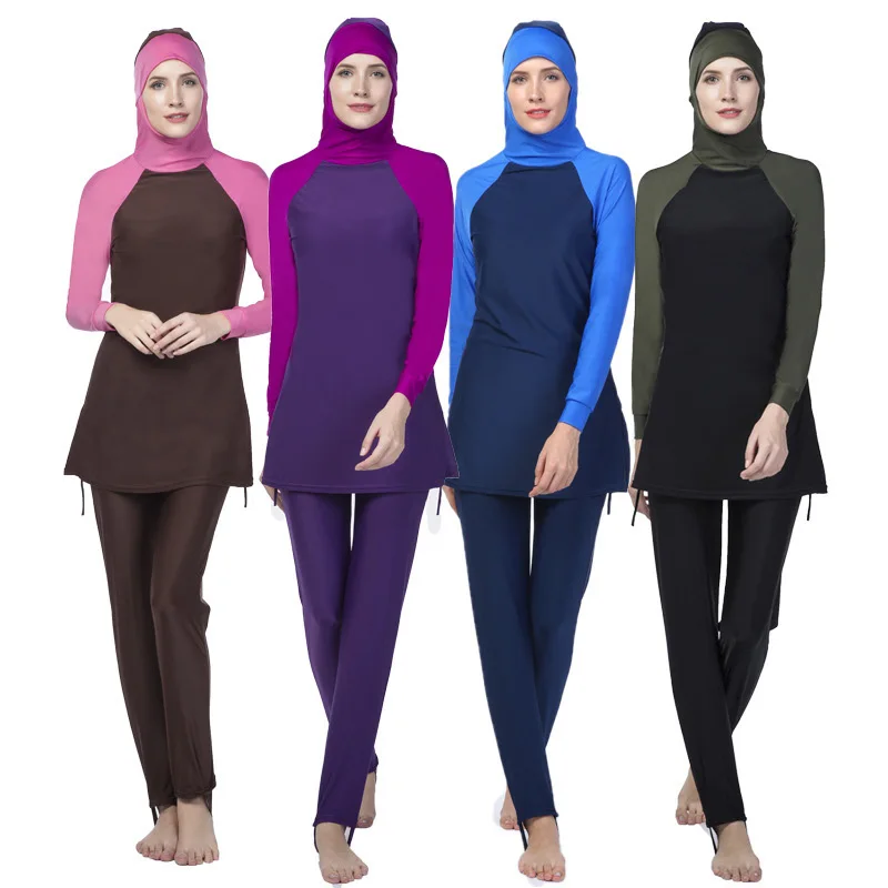 

New colorblock muslim swimwear women's conservative hooded beach swimsuit patchwork hijab long sleeves sport swimsuit
