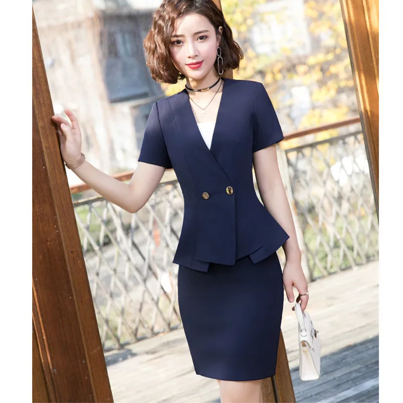 Women's suit skirt short-sleeved Slim V-neck double-breasted two-piece (jacket + skirt) ladies business | Женская одежда