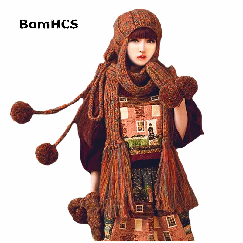 BomHCS Fashion Beanie Scarf & Gloves (2pcs )Cute Women Winter Warm Thick 100% Handmade Knit Hat Caps