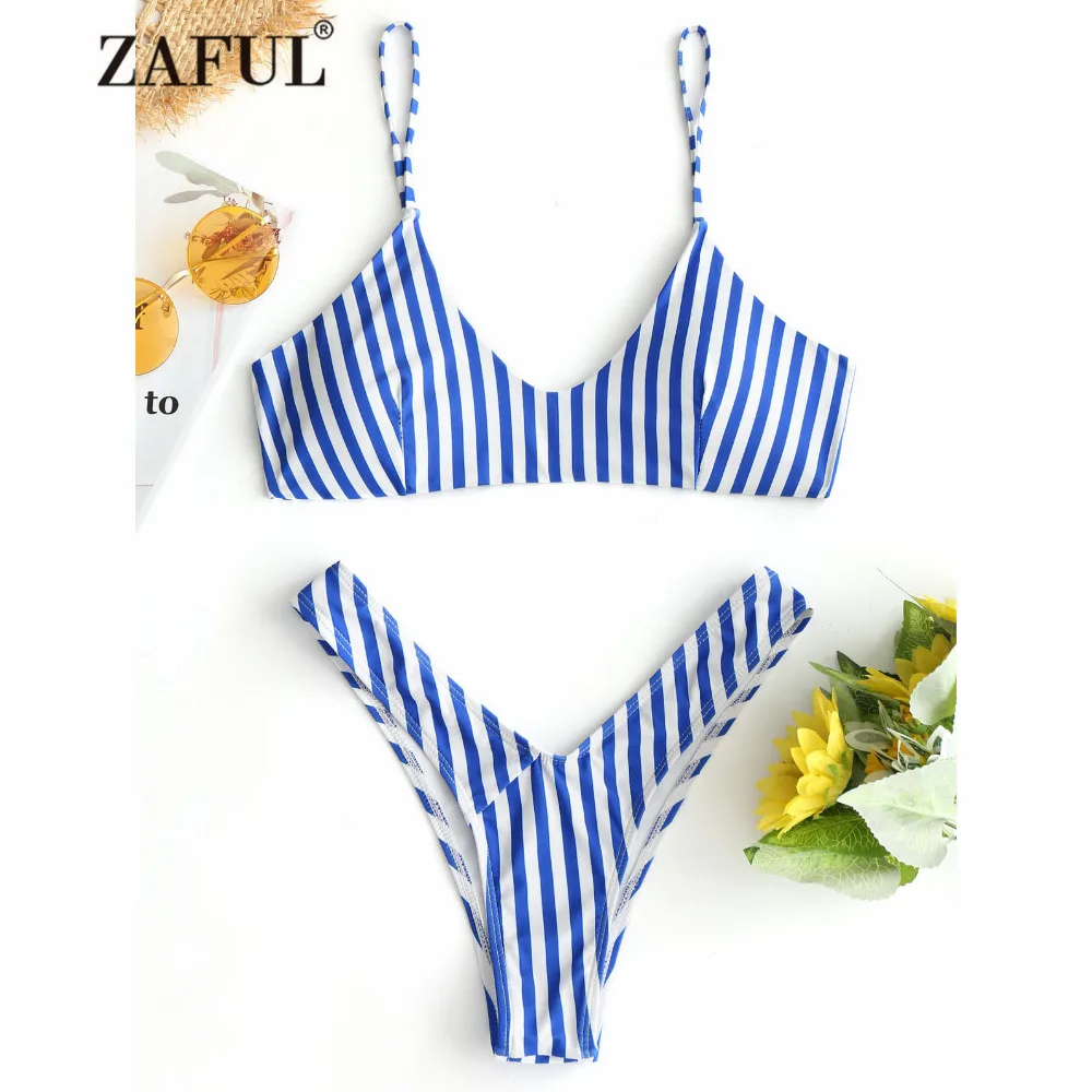 ZAFUL стринги бикини Cami High Cut Полосатый Купальники для малышек для женщин купальник Спагетти ремень Мягкий ванный комплект Biquni maillot de bain