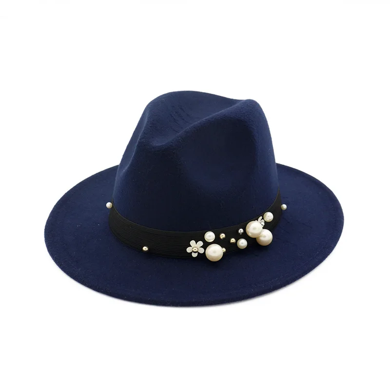 navy blue Высокое качество Весна Зима жемчуг черная полоса Джаз Fedora шапки женские шерстяные Мягкая мужская фетровая шляпа формальная Вечеринка Панама топ шапки GH-460 - Цвет: navy blue