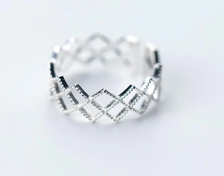 

size5.25-size6.75 100% Authentic REAL.925 Sterling Silver Jewelry hollow rhombus Geometric Band Wider Long Rings OPEN GTLJ1542