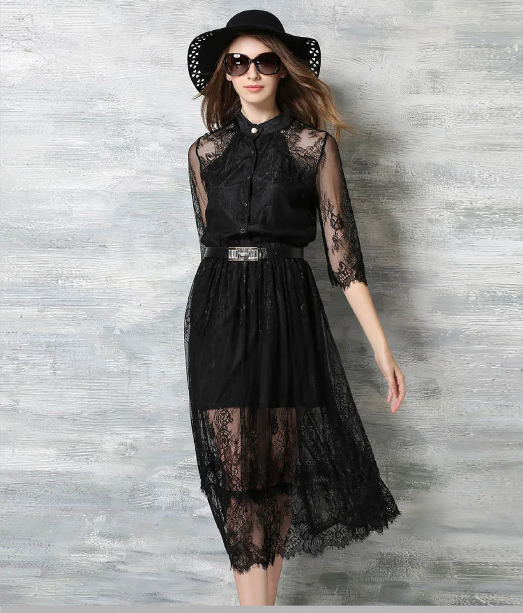 Лето 2017 Black Dress Дамы Кружева Сетки Лоскутное Рукав реглан Поясом Длинные Платья На