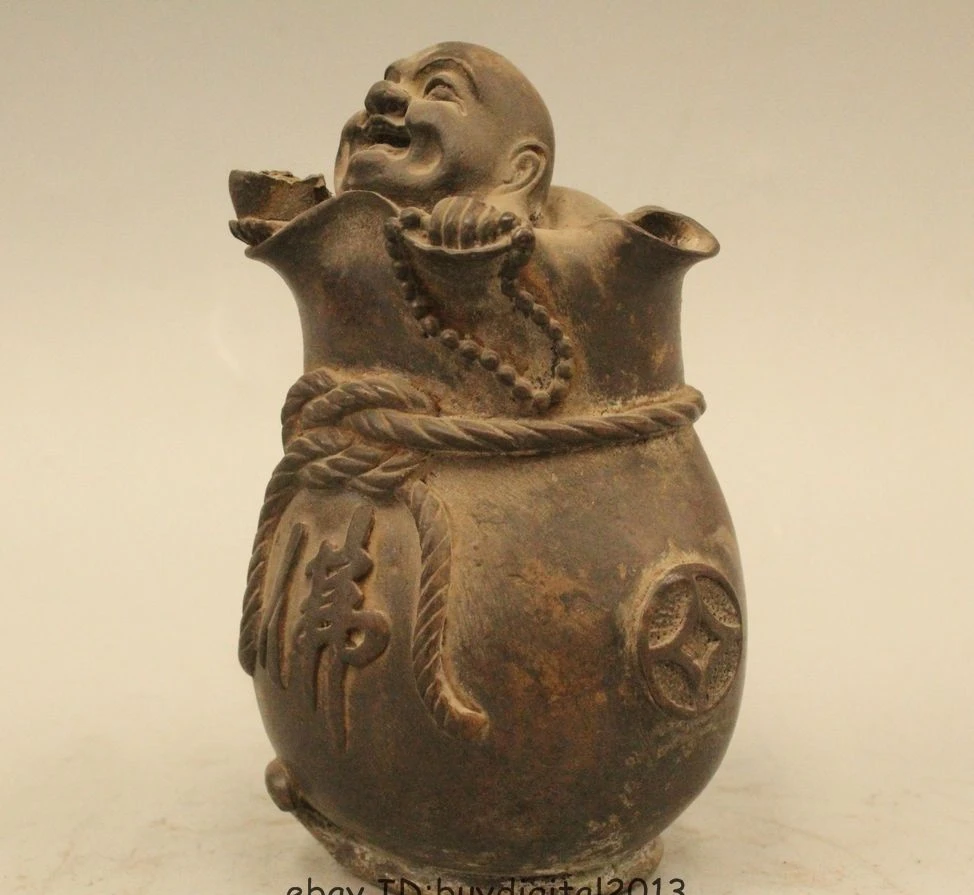 5 &quotКитайский буддийский из бронзы счастливый смех Maitreya Buddha Money Bag статуя