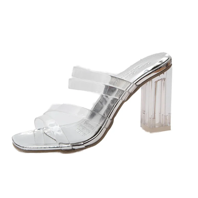 Женские сандалии из прозрачного ПВХ на высоком квадратном каблуке с прозрачными