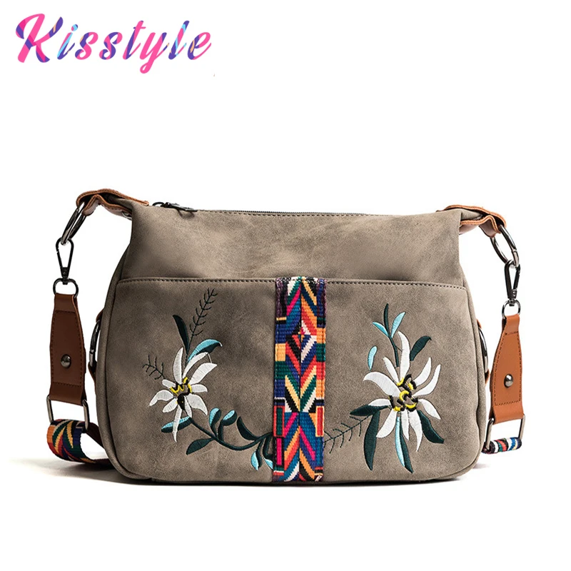 Kisstyle Ретро женские замшевые кожаные сумки дизайнерские через плечо с цветочной