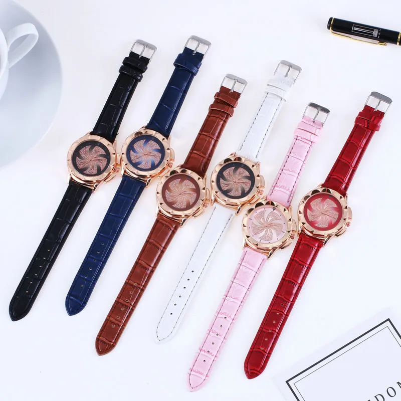 2018 цветок кожаные часы модные хрустальные стразы 5 листьев Вентилятор женские