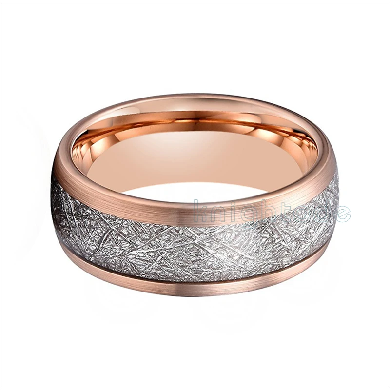Rose Gold Tungsten Wedding Band Men Women Jewelry In Tungsten Carbide Ring Domed Polished Finish Meteorite Inlay