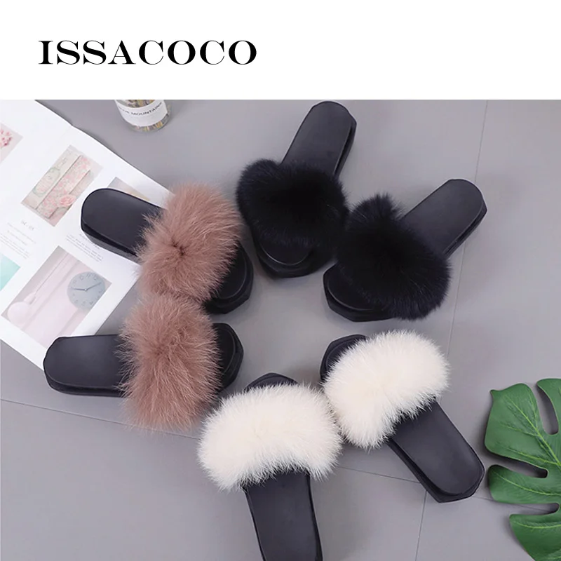 

ISSACOCO Women Summer Flat Mid Heel Non-slip Fur Slippers Women Solid Thick Sole Slippers Height Increasing Slippers Pantufa