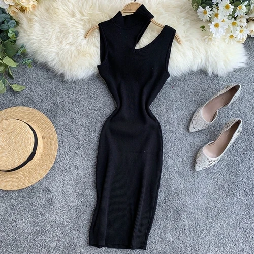 OCEANLOVE Knitted Sexy Dress Hollow Out Sleeveless High Waist Women Midi Dresses Summer Bodycon Retro Slim Vestidos 12431 - Цвет: Черный