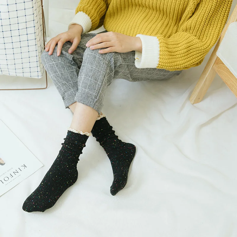 New Winter Fashion Women Korean Lace Sequin Socks Hip Hop Sokken Chaussettes Black Red Casual Cotton Crew Female | Женская одежда