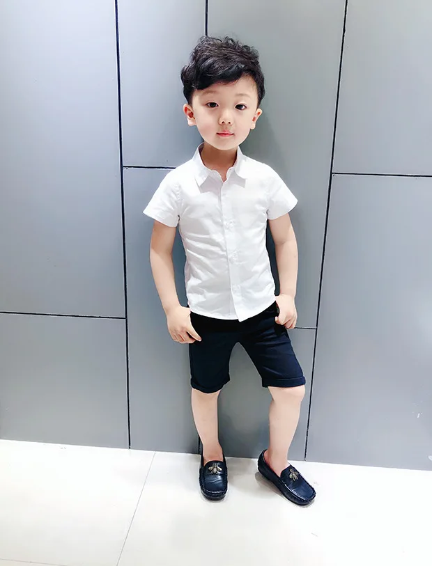 Baby Boy Shirts Summer 2018 Short Sleeve Cotton White for Boys Handsome Wedding Party Gentleman Top England Style |