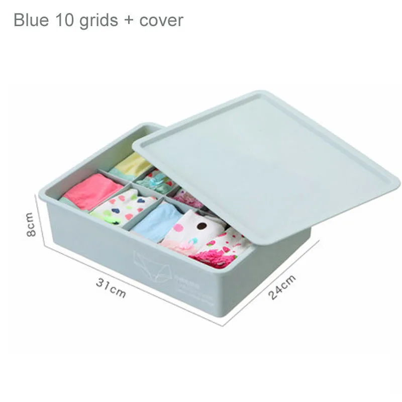 Blue 10 grids Коробка для хранения нижнего белья с крышкой 10/15 сетки для домашнего гардероба ящик шкафа Органайзер чехол для носков трусики бюстгалтеры - Цвет: Blue 10 grids