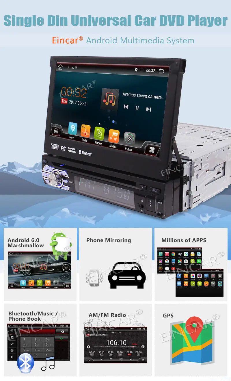 Eincar 7 &quotAndroid 6 0 флип выход автомобильный DVD стерео радио один din 1DIN 4 Ядра Блок плеер