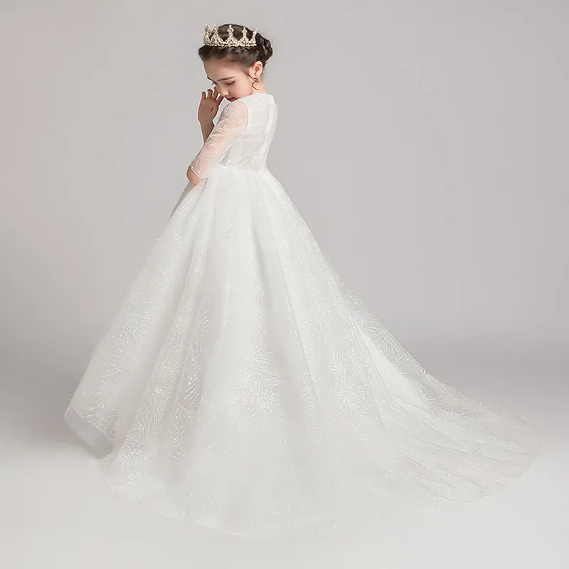 

2020 New Fashion children's Girls Solid White Evening Birthday Long Tail Dress Teens Costume Model Walking and Show Host Dress