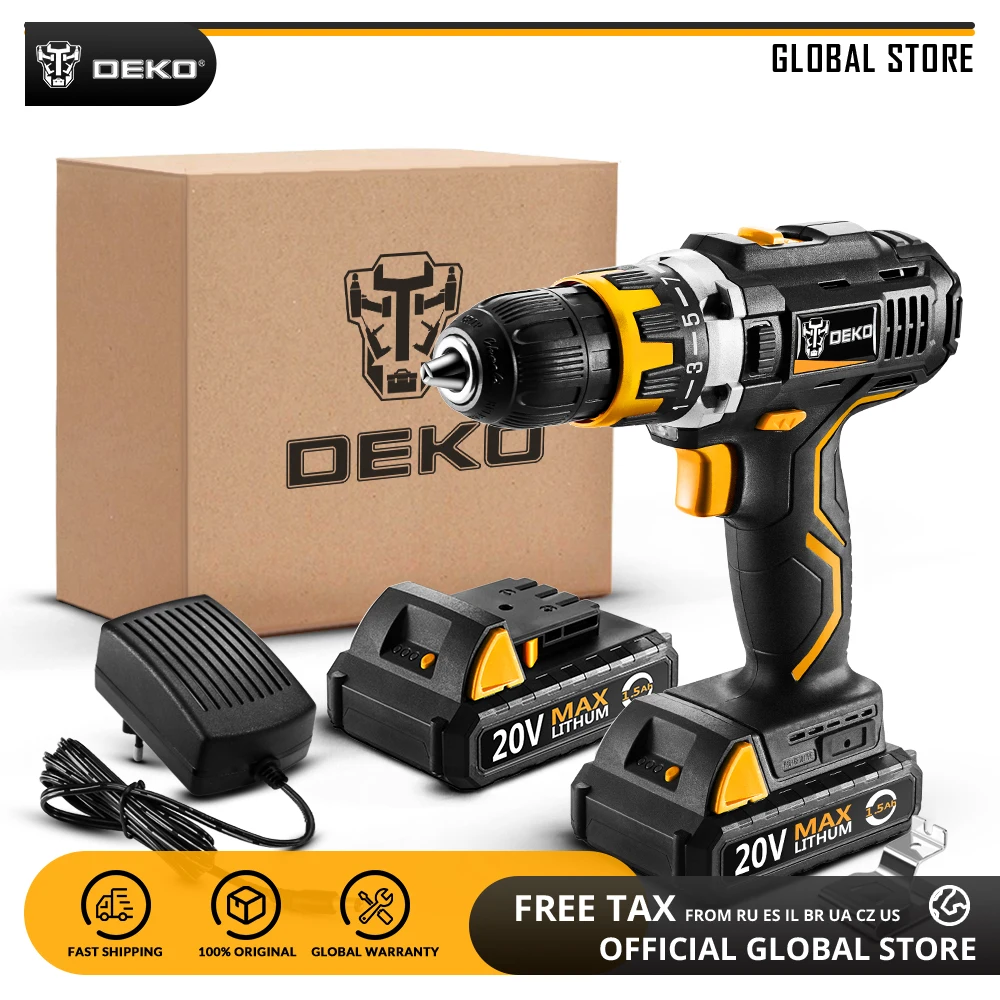 DEKO GCD20DU2 20V MAX Power Tool Variable Speed Electric Screwdriver with LED Light Home DIY Cordless Drill 2 Lithium Battery