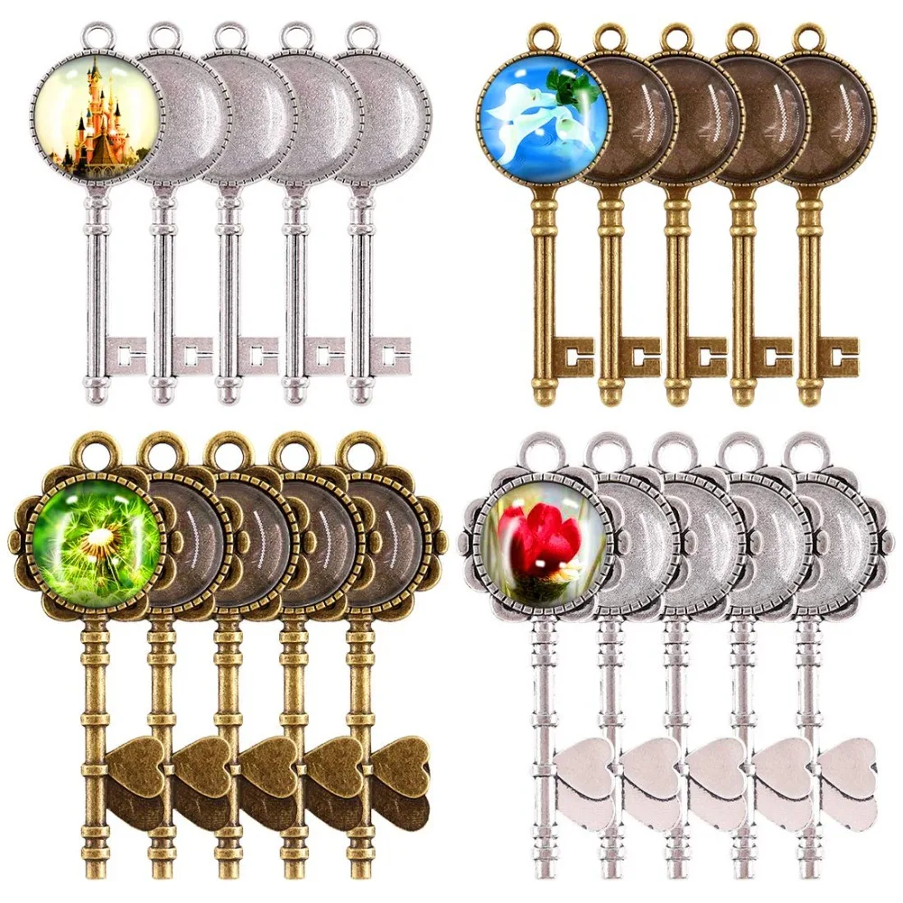 48Pcs Pendant Trays Set 24pcs Skeleton Keys Pendant Trays with 24pcs Glass Dome Tiles Cabochon for DIY Wedding Jewelry Making