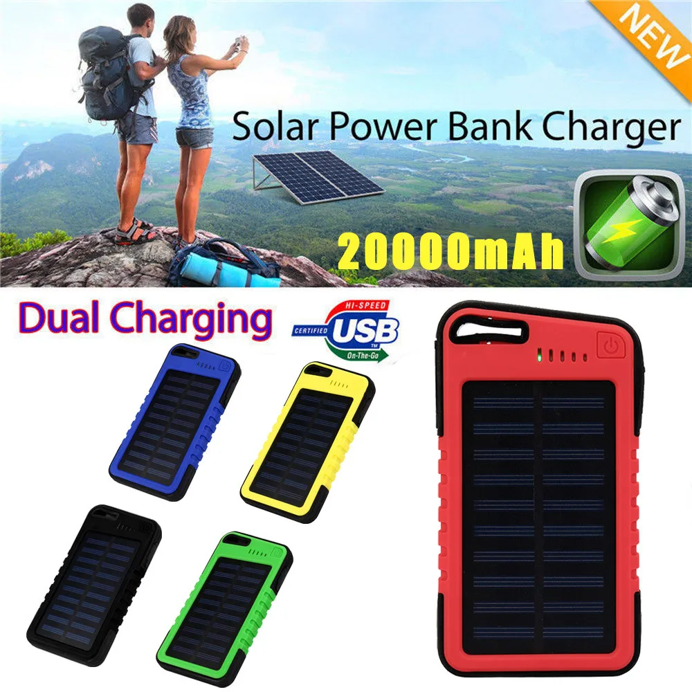 Двойной USB Водонепроницаемый Солнечный 20000 mAh банк питания зарядное устройство