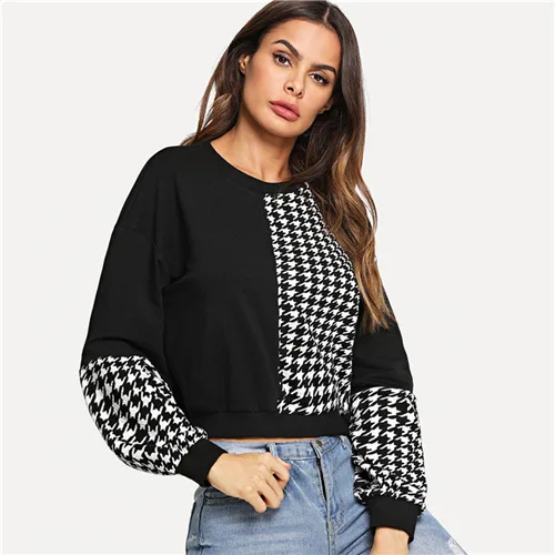 Black and White SweatyRocks черно-белая укороченная толстовка женская одежда с длинным рукавом пуловеры осень растягивающиеся толстовки - Цвет: Black and White