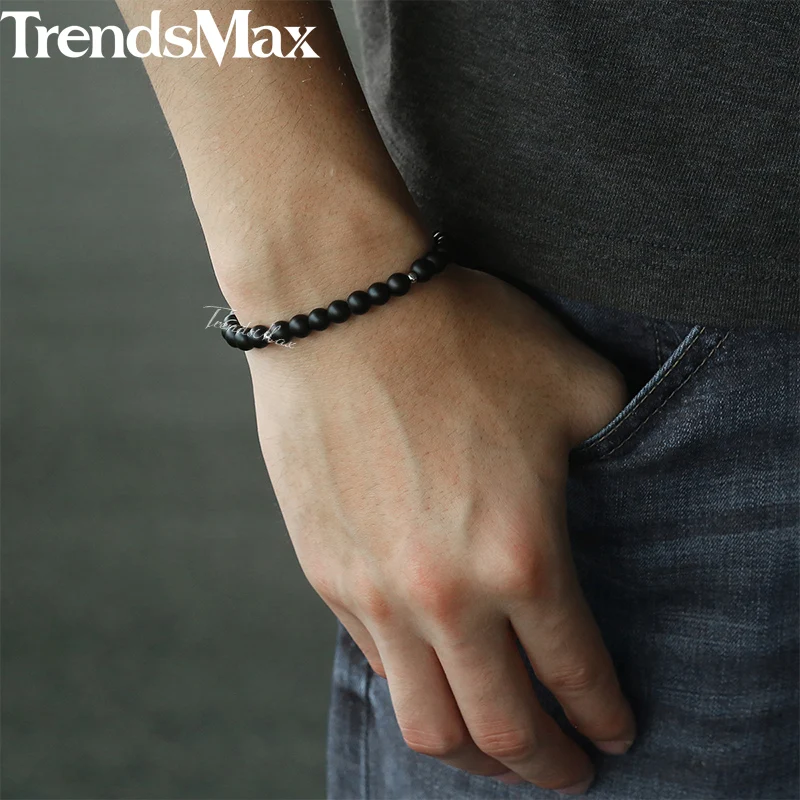 Браслеты с черными стеклянными бусинами Trendsmax 6 мм для мужчин и женщин эластичный